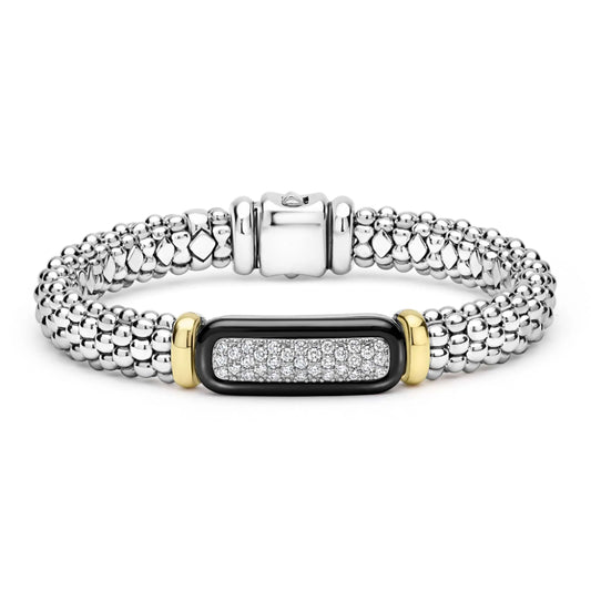 Lagos Black Caviar Two-Tone Black Ceramic Diamond Caviar Bracelet, 9mm