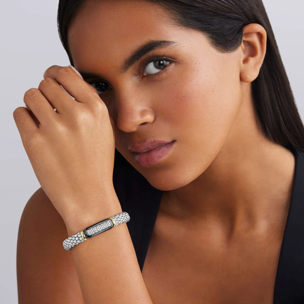 Lagos Black Caviar Two-Tone Black Ceramic Diamond Caviar Bracelet, 9mm