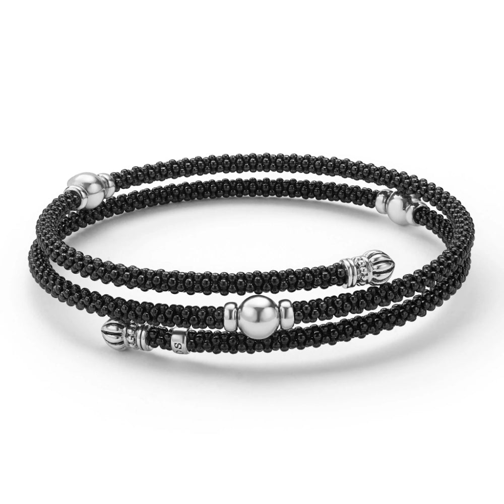 Lagos Black Caviar Black Ceramic Beaded Silver Station Double Wrap Bracelet