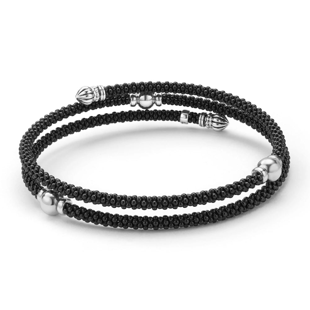Lagos Black Caviar Black Ceramic Beaded Silver Station Double Wrap Bracelet