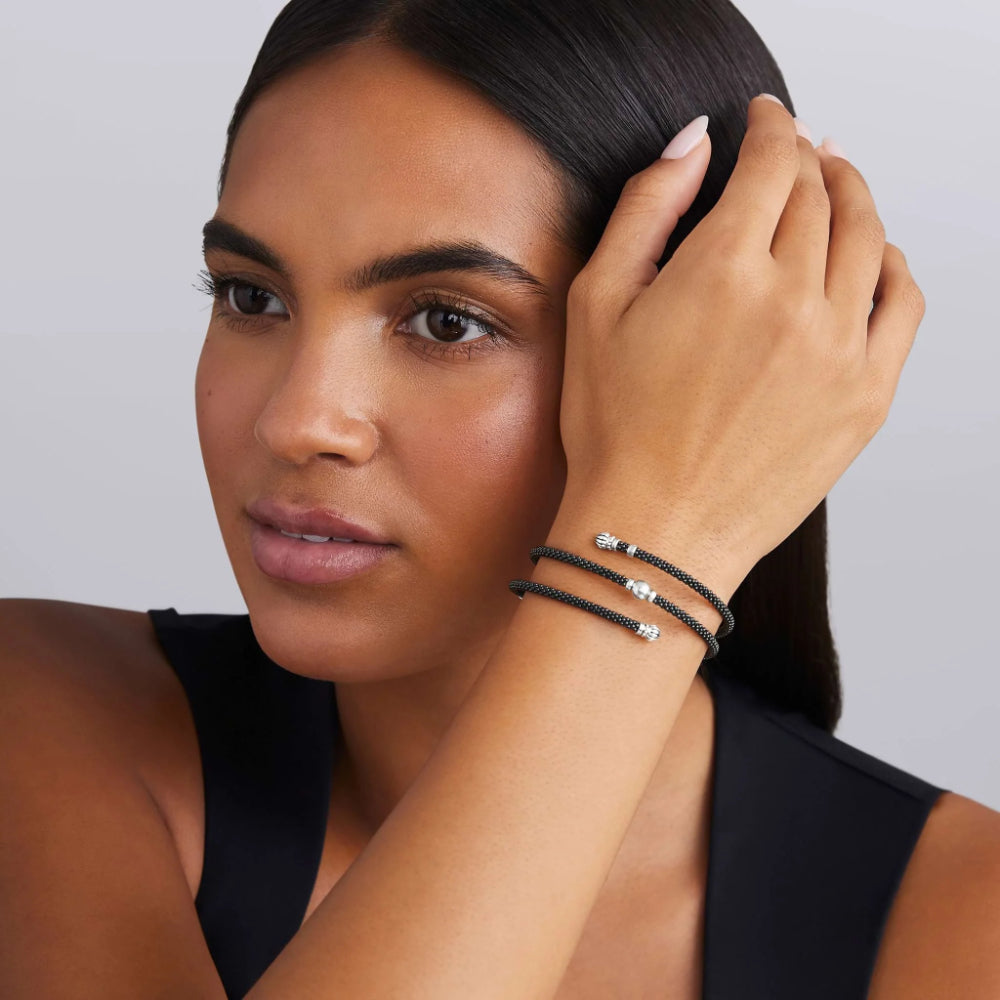 Lagos Black Caviar Black Ceramic Beaded Silver Station Double Wrap Bracelet