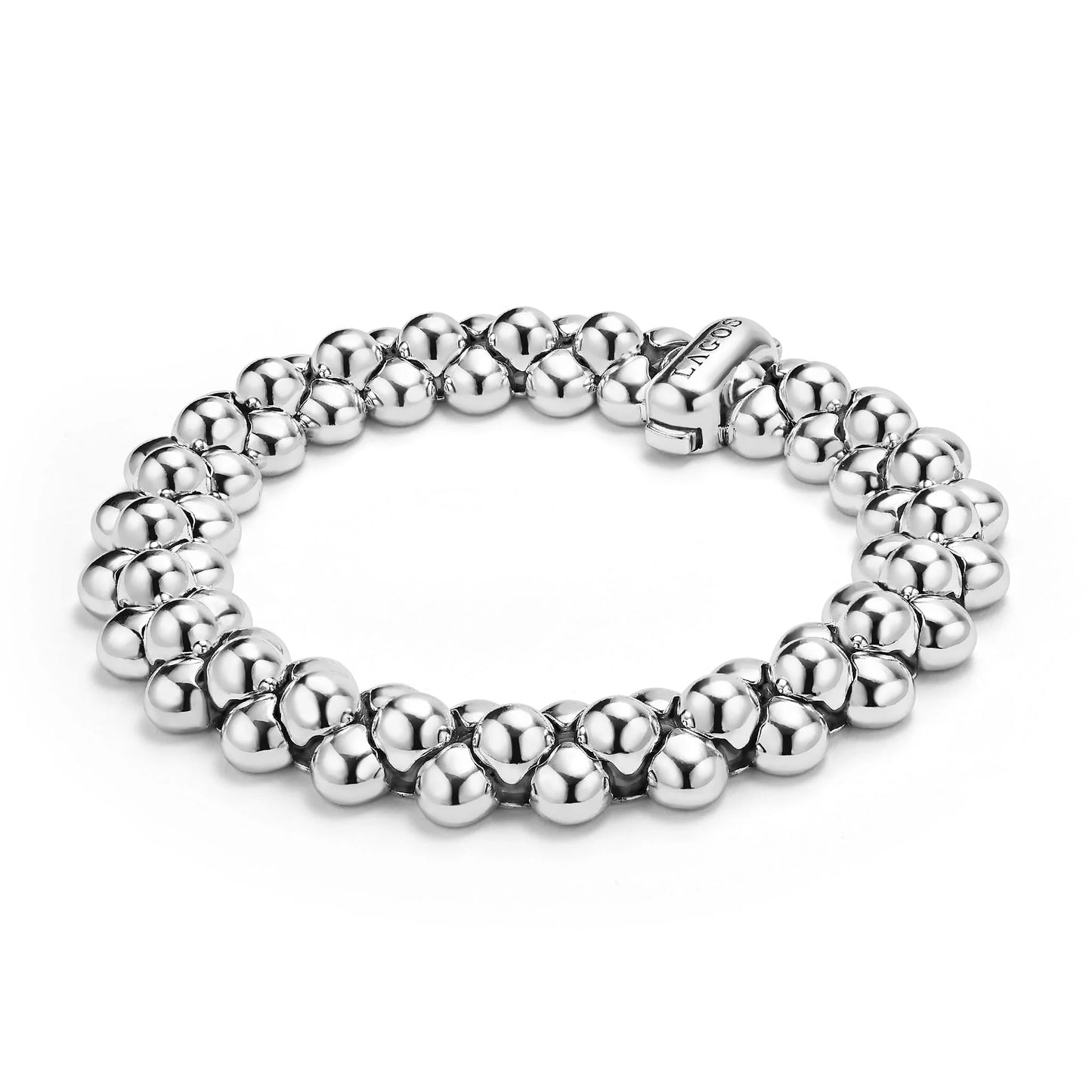 Silver beaded bracelet on a white background