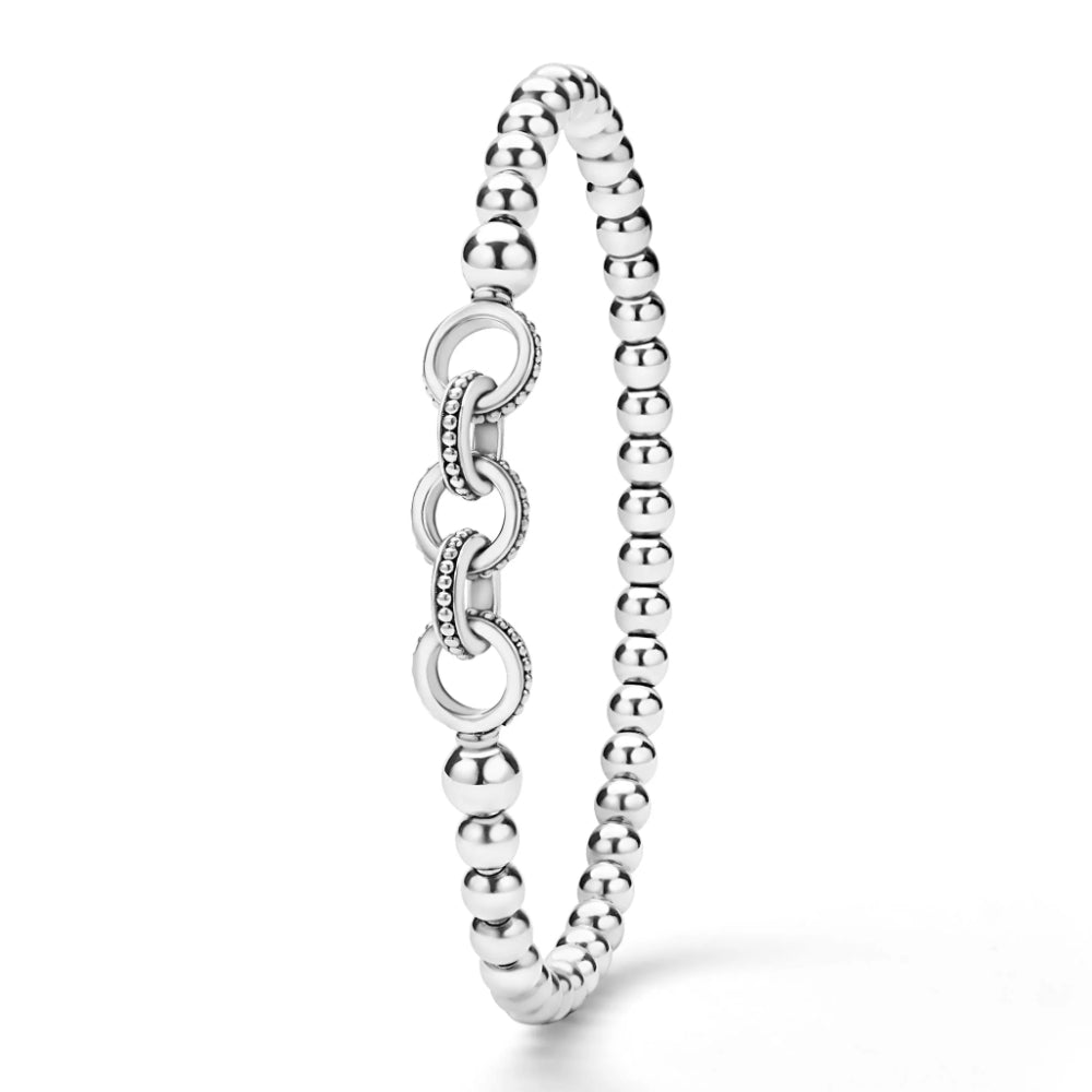 Lagos Signature Caviar Silver Ring Link Stretch Bracelet