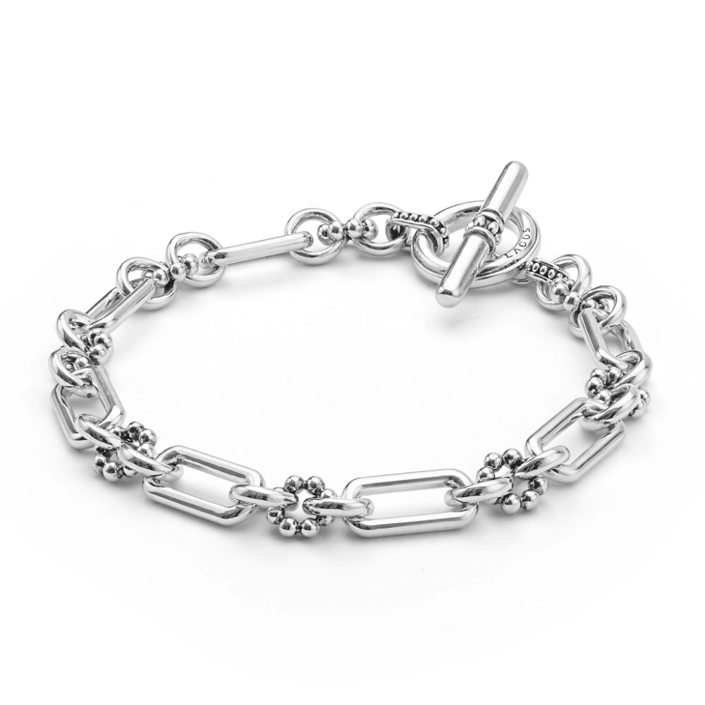 Sterling silver with toggle clasp with a width of 6mm . This bracelet comes in 7 inch and 8 inch length