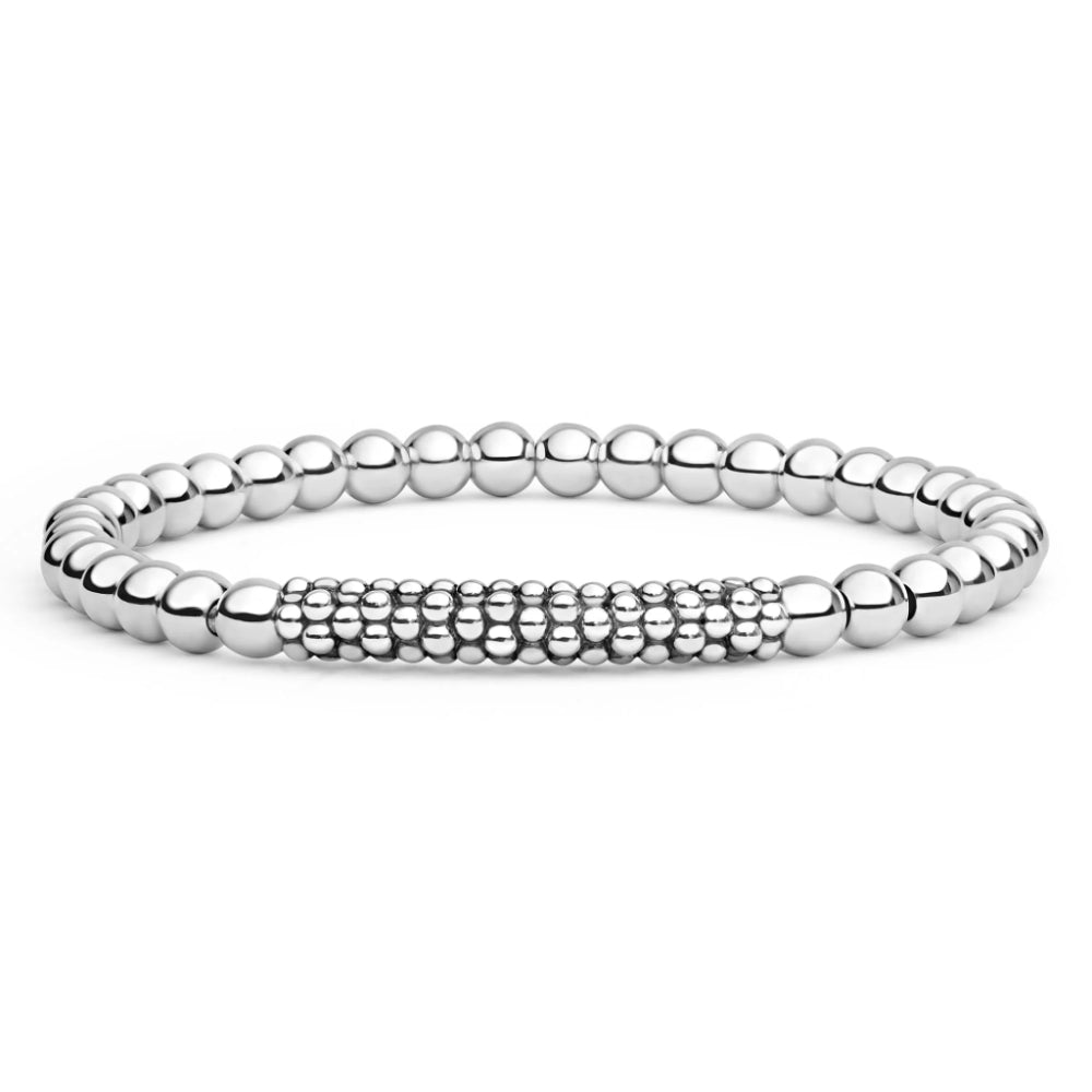 Silver Caviar Beaded Bar Stretch Bracelet with smooth sterling silver beads and accented with a textured Caviar beaded bar 