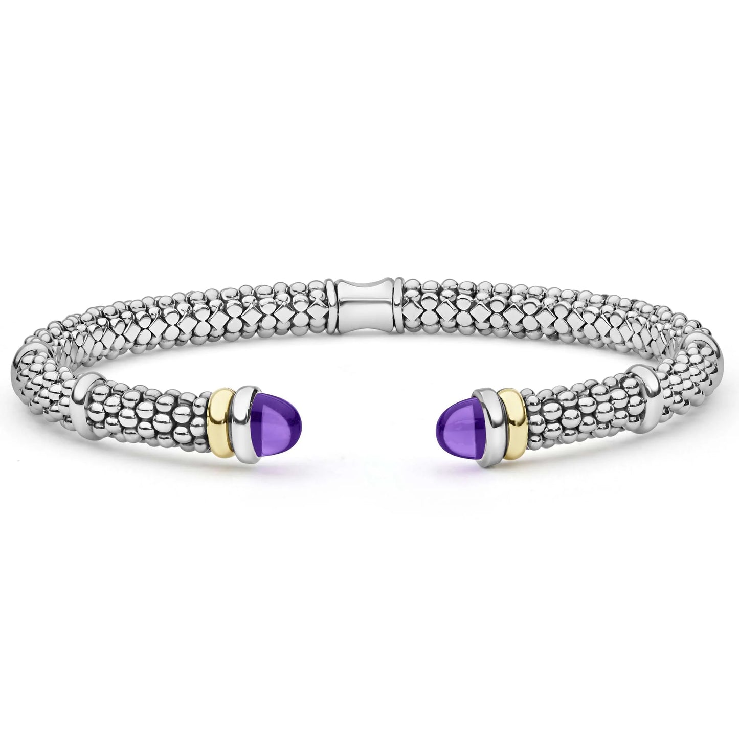 A silver-toned textured cuff bracelet with two purple cabochon gemstone accents, each bordered by gold and silver metal bands, shown on a white background.