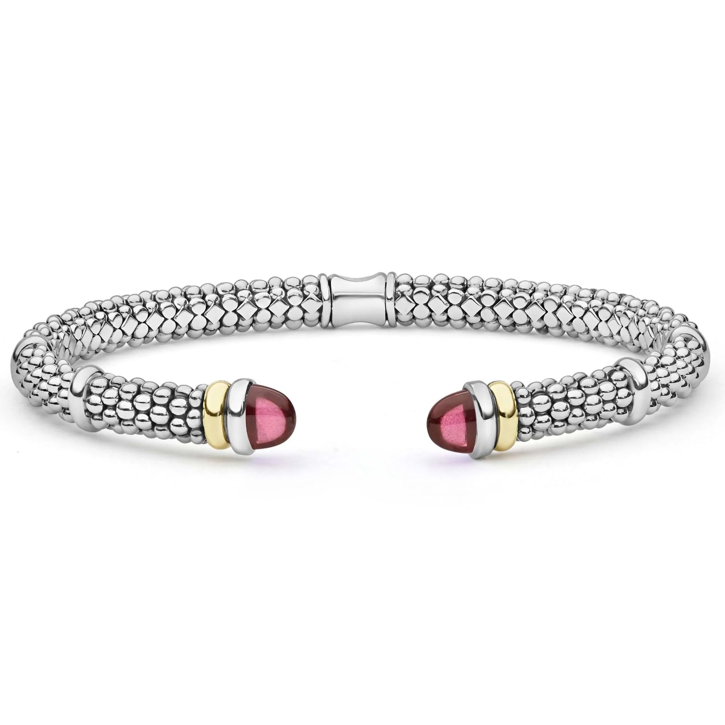 A silver-toned textured cuff bracelet with polished gold-toned accents and oval pink gemstone end caps, shown on a clean white background.