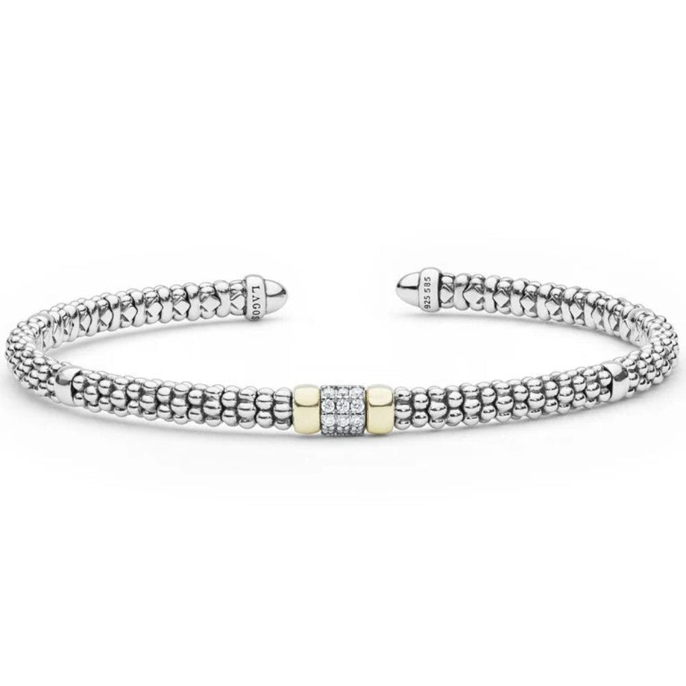 Sterling silver-textured cuff bracelet with a central yellow gold and diamond-set accent