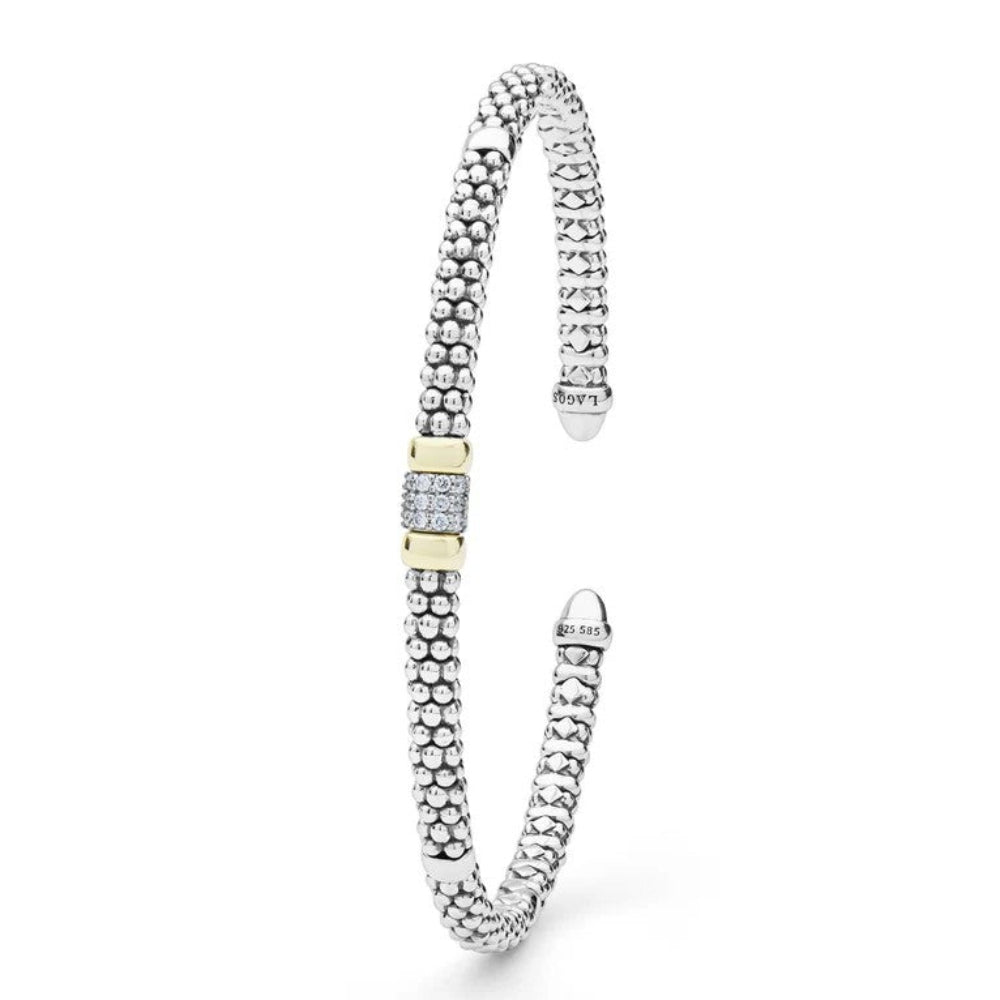 Sterling silver-textured cuff bracelet with a central yellow gold and diamond-set accent
