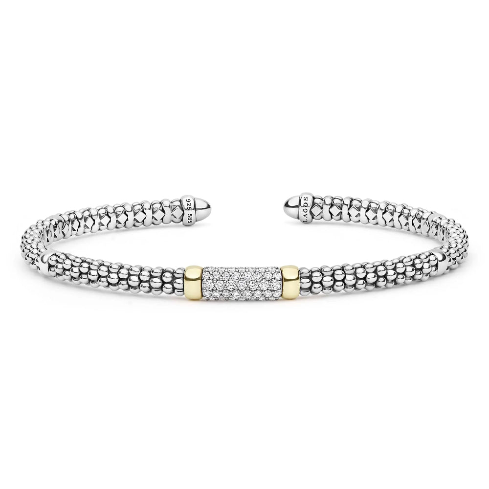 Sterling silver cuff bracelet with a textured beaded exterior, a central pavé-set rectangular section, and two small gold-accent bars