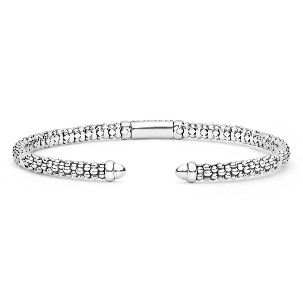A silver textured open cuff bracelet
