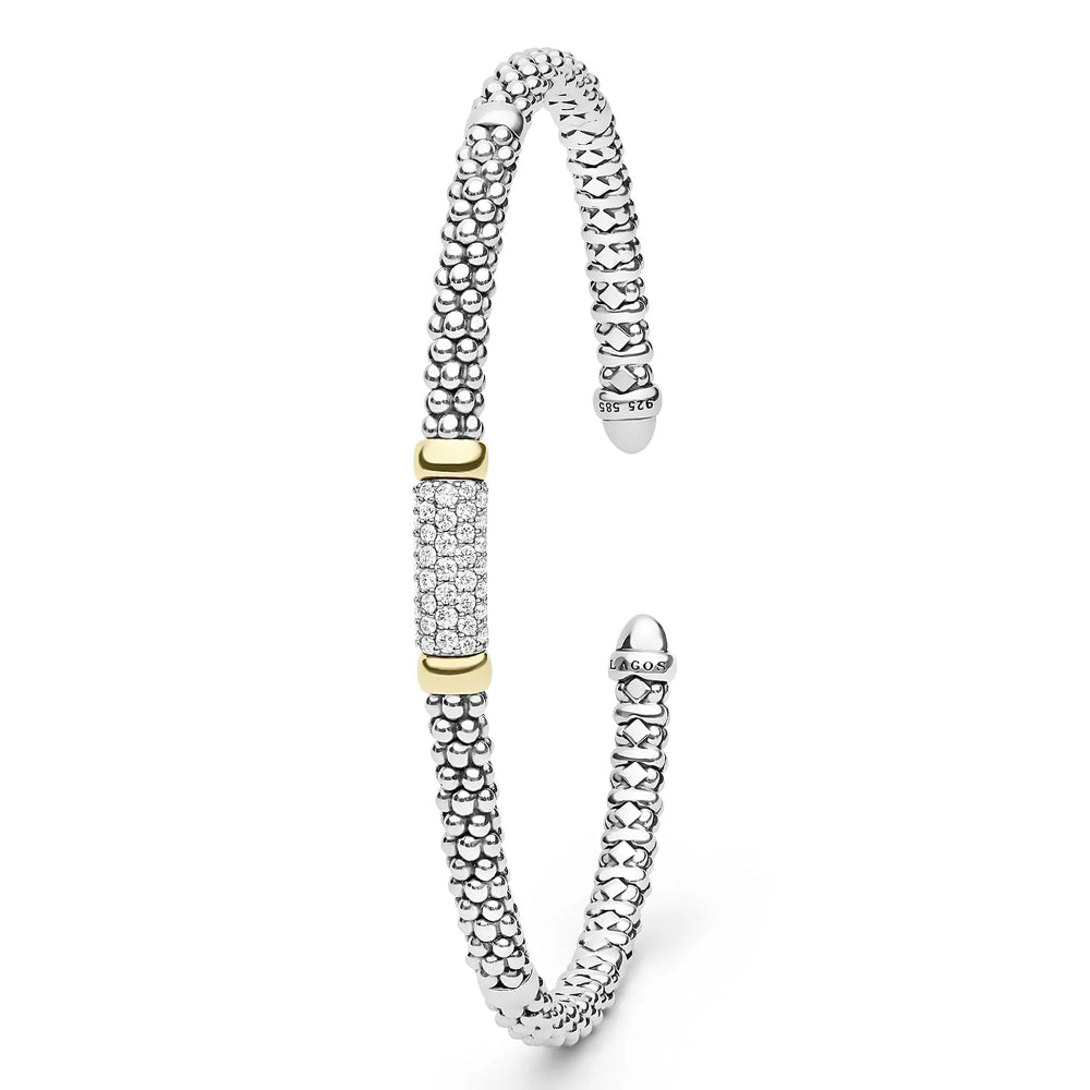 Sterling silver cuff bracelet with a textured beaded exterior, a central pavé-set rectangular section, and two small gold-accent bars