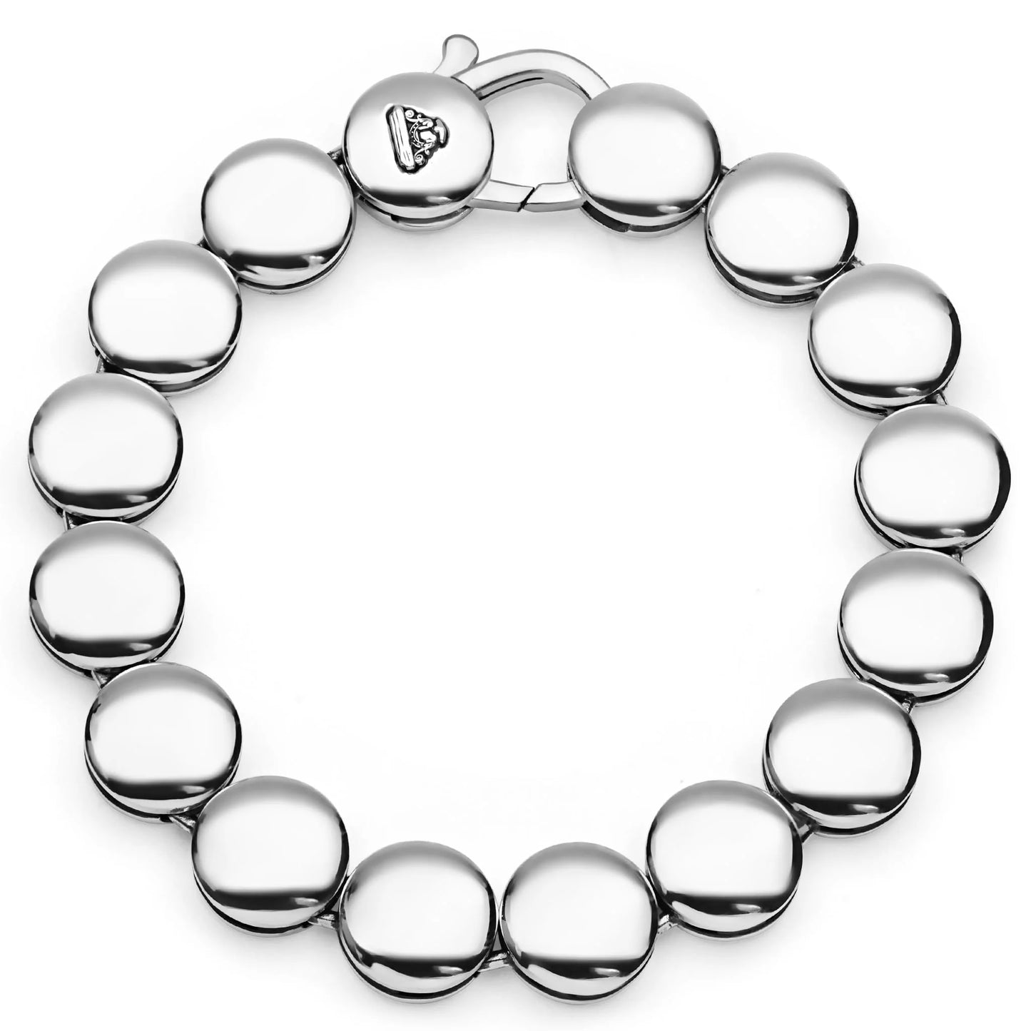 A polished silver beaded bracelet with a lobster clasp, shown on a clean white background. The clasp features a small engraved heart-shaped logo.