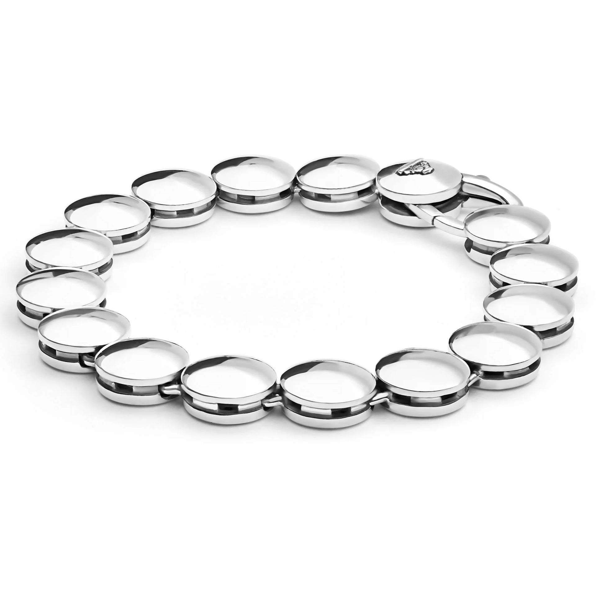A polished silver-tone metal link bracelet with oval bezel settings, arranged in a circular shape on a clean white background.