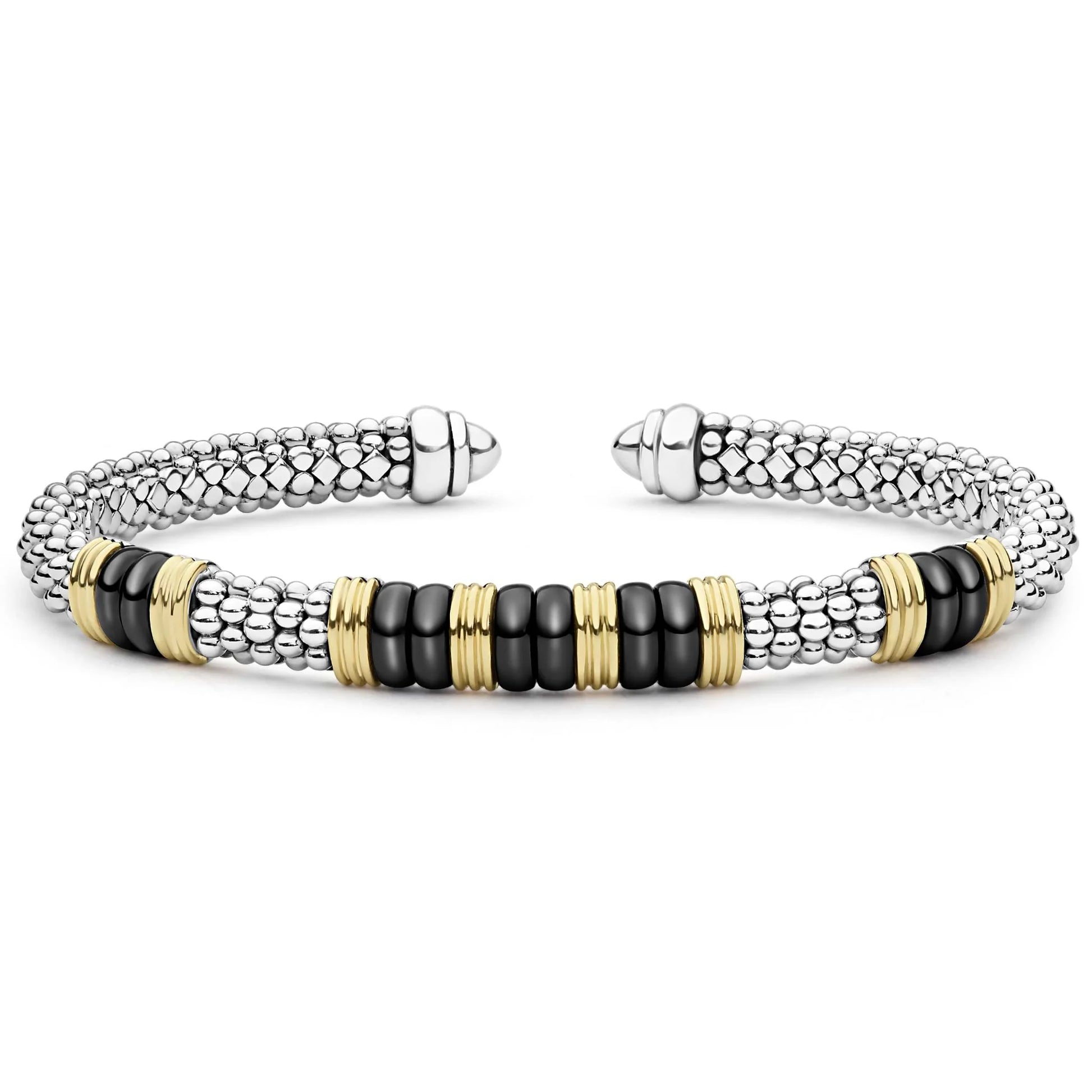 A silver-toned beaded cuff bracelet with a central row of alternating black and gold spacer beads, shown on a plain white background.