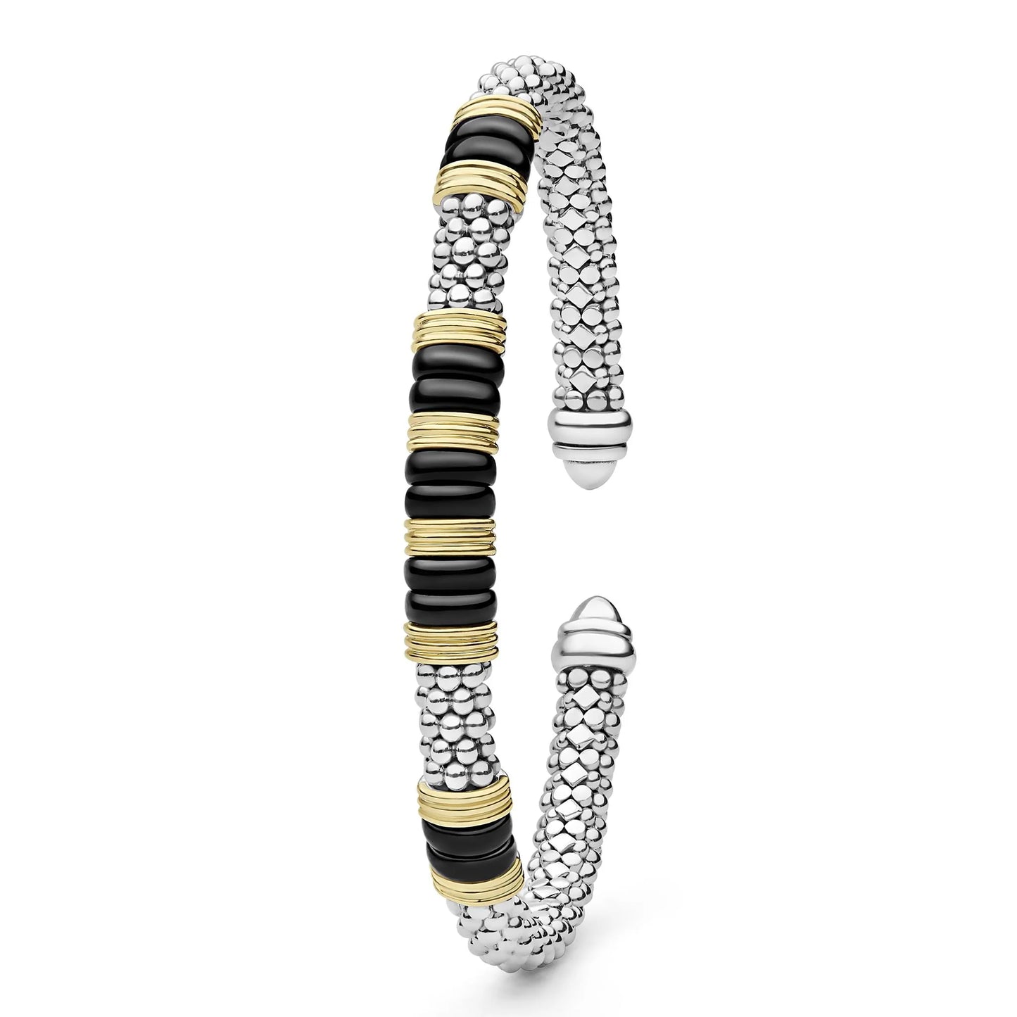 A textured silver cuff bracelet with alternating sections of polished black discs and gold-wrapped bands, shown on a clean white background.