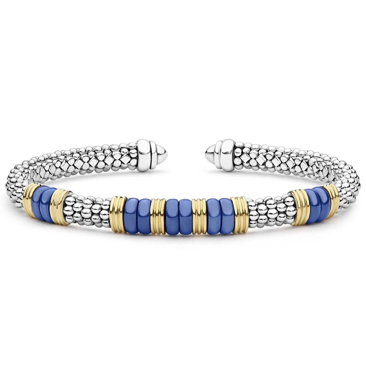 A silver-toned textured cuff bracelet featuring a central row of blue round beads accented by gold-toned spacer rings, shown on a plain white background.