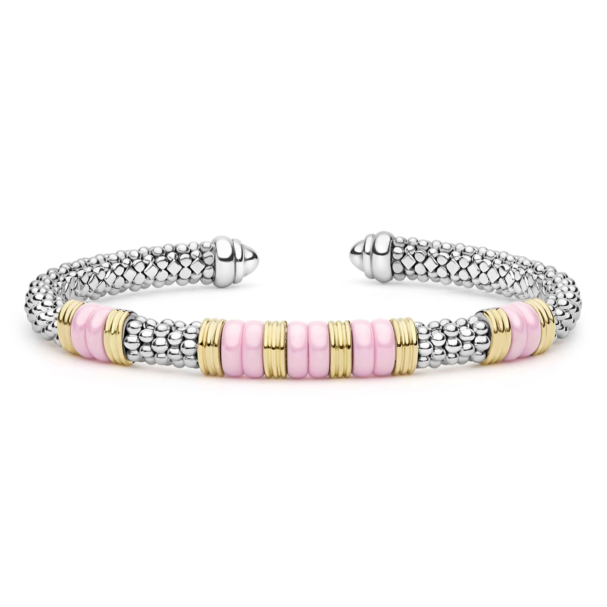 A silver beaded cuff bracelet featuring a central row of light pink round beads accented by gold spacer rings, shown on a clean white background.