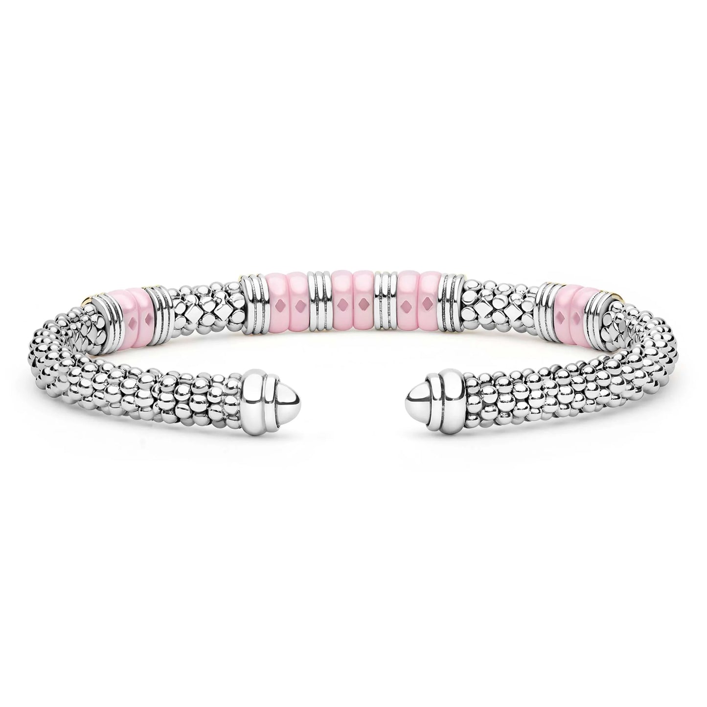A silver-toned textured cuff bracelet featuring a central row of light pink round beads, displayed on a clean white background.