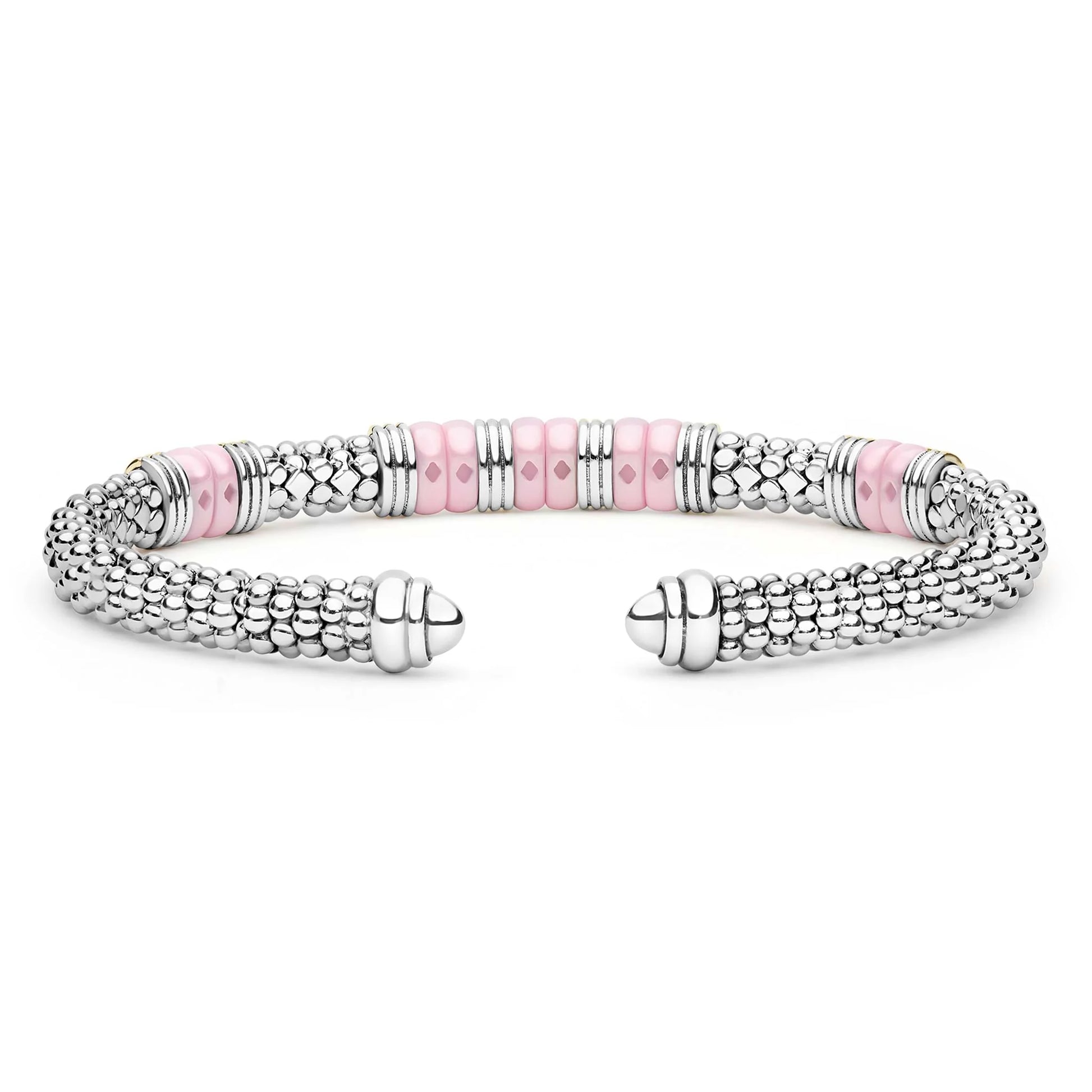 A silver-toned textured cuff bracelet featuring a central row of light pink round beads, displayed on a clean white background.