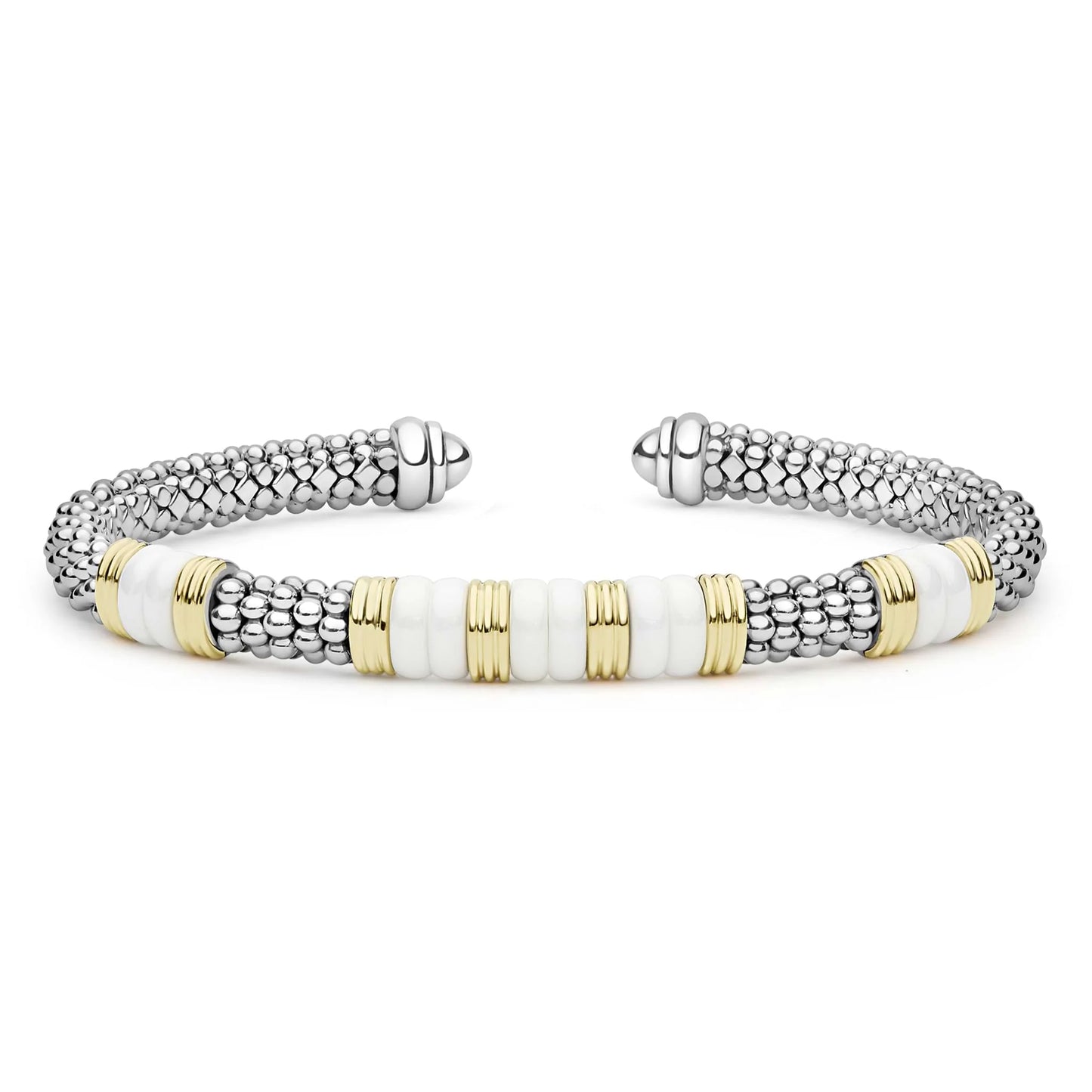A silver-toned beaded cuff bracelet with alternating textured silver beads, smooth white cylindrical beads, and polished gold-toned accent bands, shown on a plain white background.