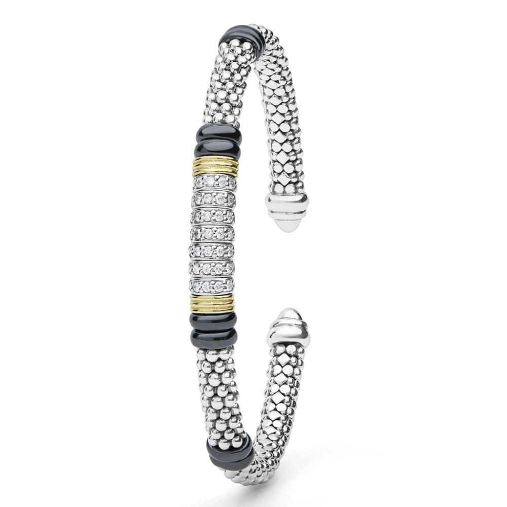 Lagos Black Caviar Two-Tone Diamond Station Black Ceramic Versa Torque Bracelet