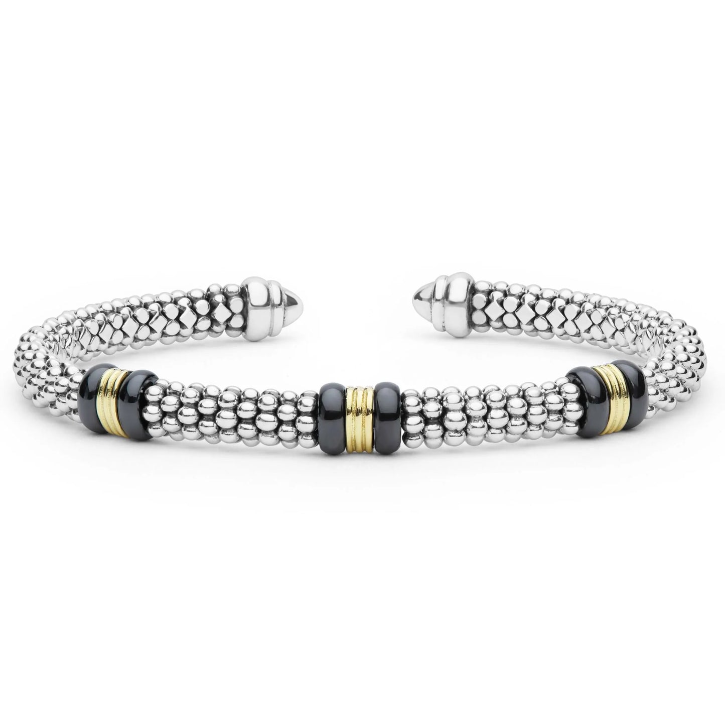 A silver beaded cuff bracelet with textured metallic links, black bead accents, and gold spacer rings, shown on a plain white background.