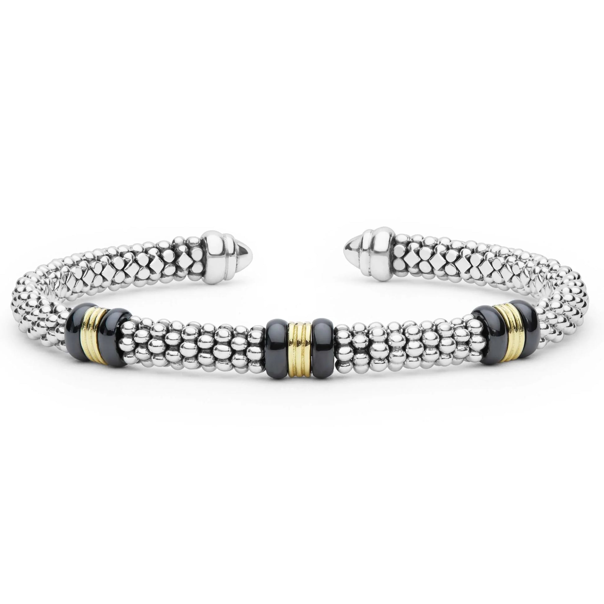 A silver beaded cuff bracelet with textured metallic links, black bead accents, and gold spacer rings, shown on a plain white background.