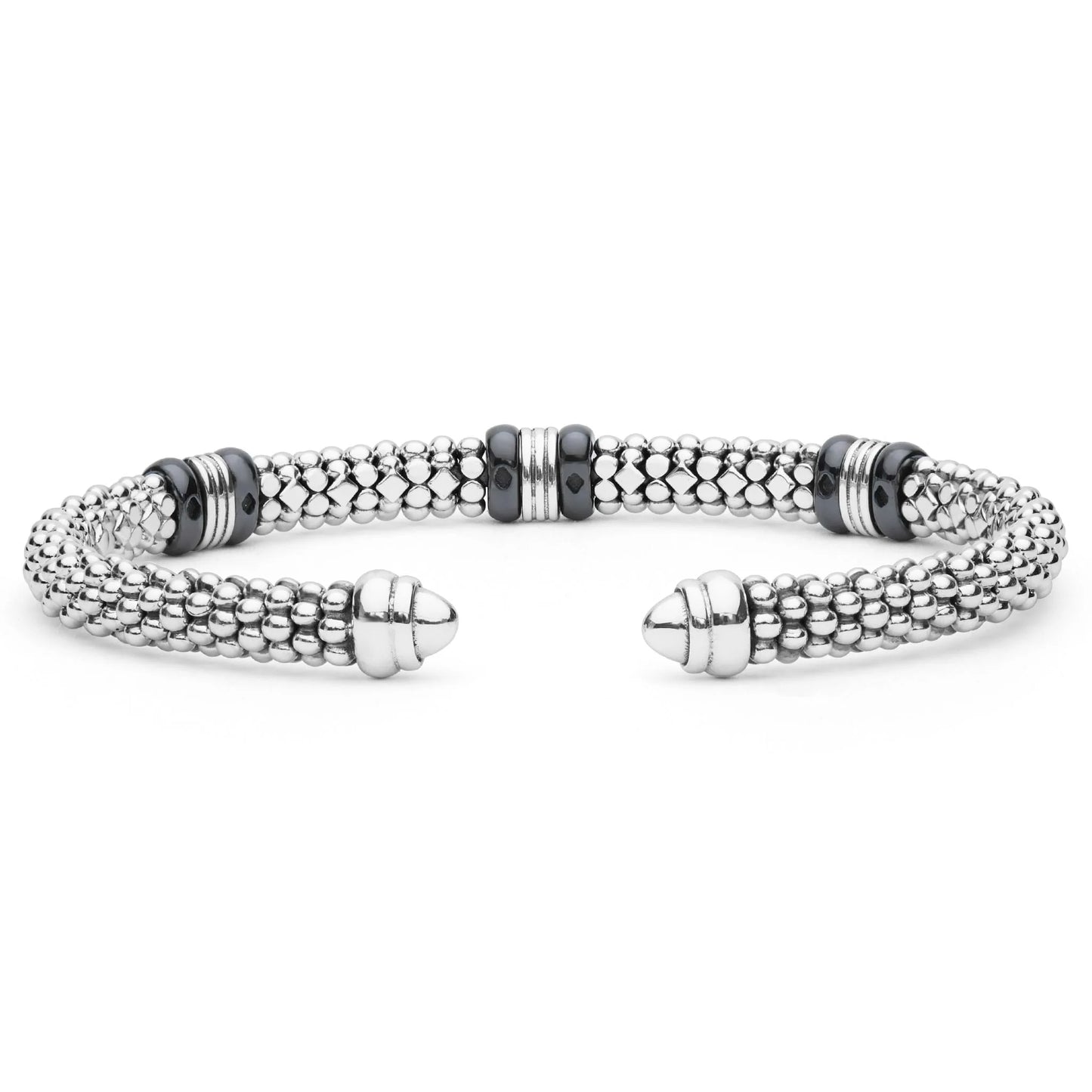 A silver-toned beaded cuff bracelet with dark gray spacer beads and polished metal end caps, shown on a clean white background.