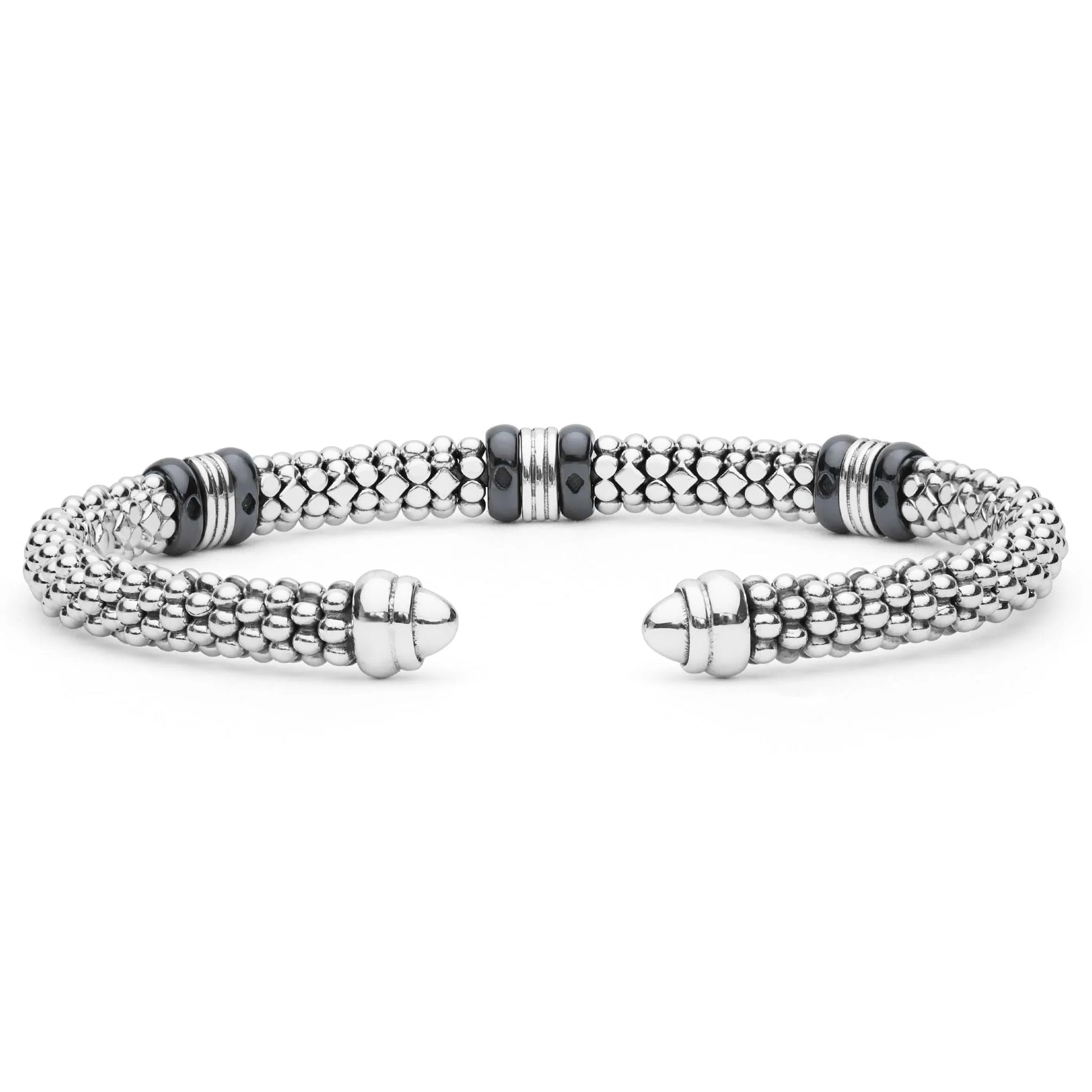 A silver-toned beaded cuff bracelet with dark gray spacer beads and polished metal end caps, shown on a clean white background.