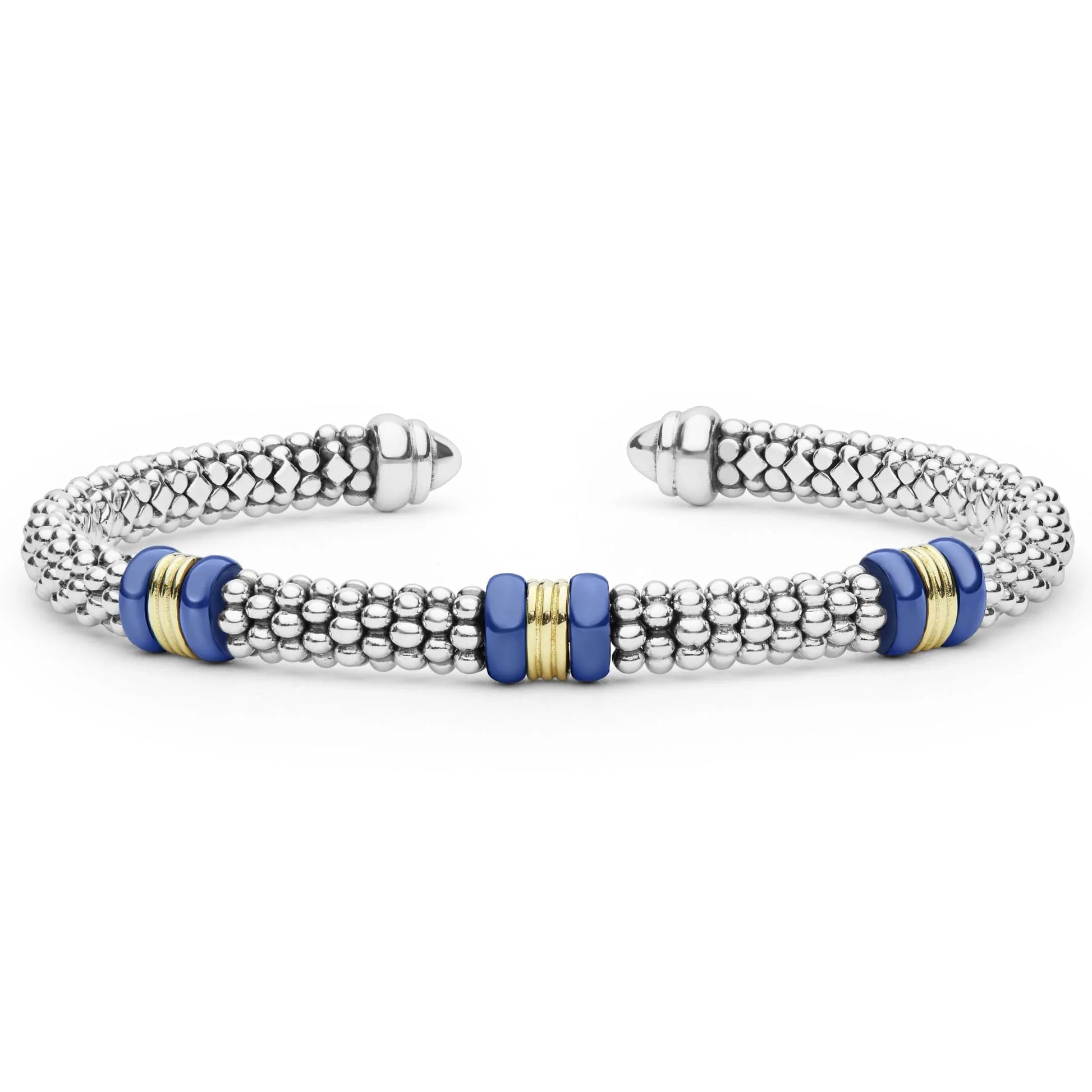A silver beaded cuff bracelet with three blue and gold spacer beads on each side, displayed on a clean white background.