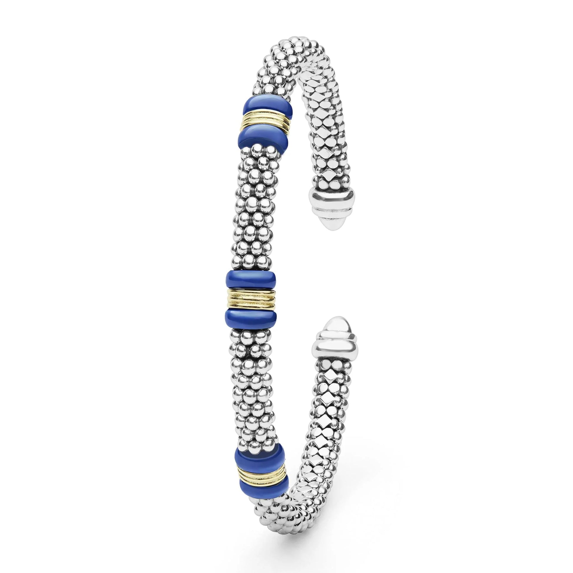 A silver beaded cuff bracelet with three blue and gold spacer beads, shown on a clean white background.