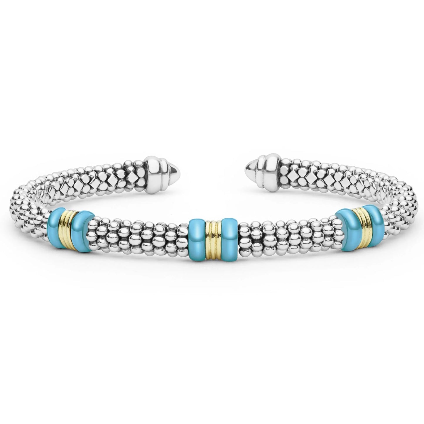 A silver-toned textured cuff bracelet with three light blue bead accents and thin gold spacer rings, shown on a plain white background.