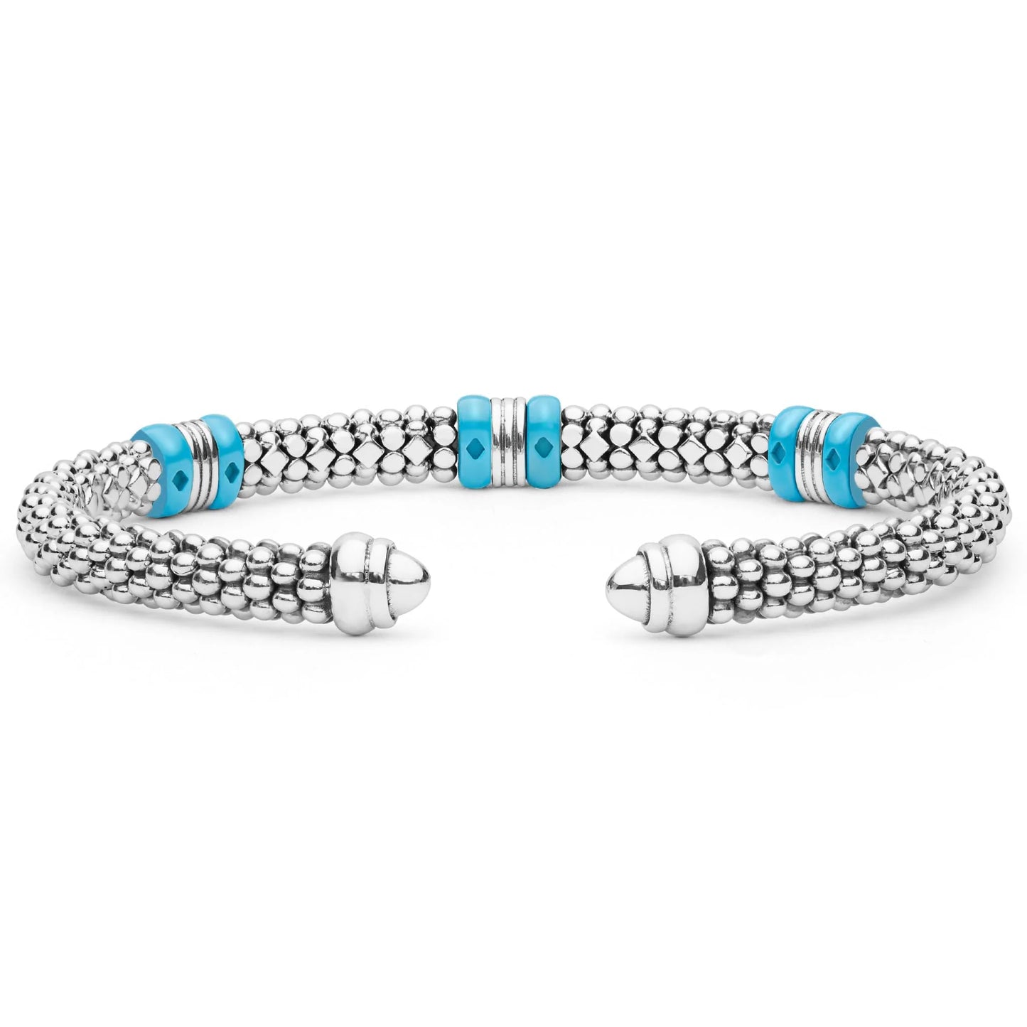 A silver-toned beaded cuff bracelet with turquoise and white striped accent beads, shown on a clean white background.
