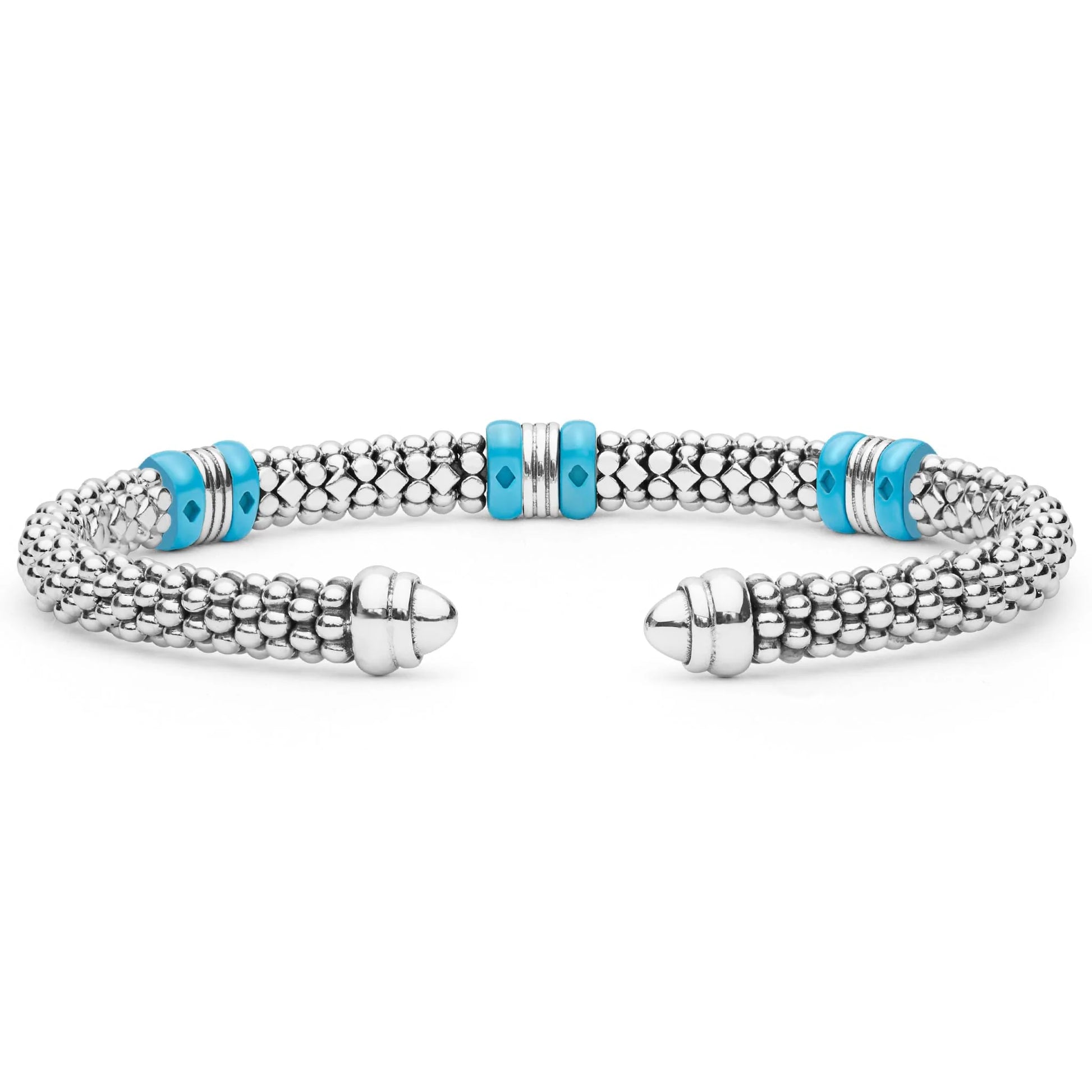 A silver-toned beaded cuff bracelet with turquoise and white striped accent beads, shown on a clean white background.