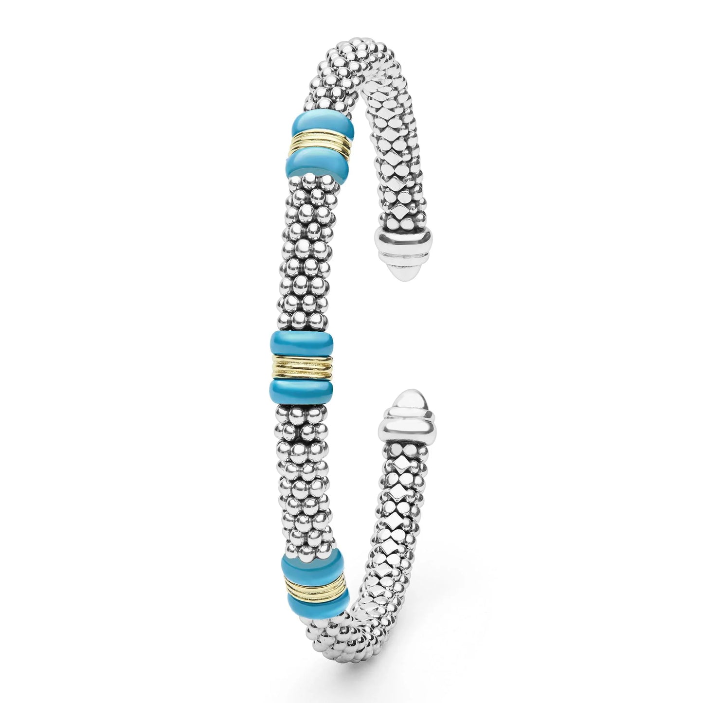 A silver-toned textured open cuff bracelet with three turquoise blue and gold spacer beads, shown on a clean white background.