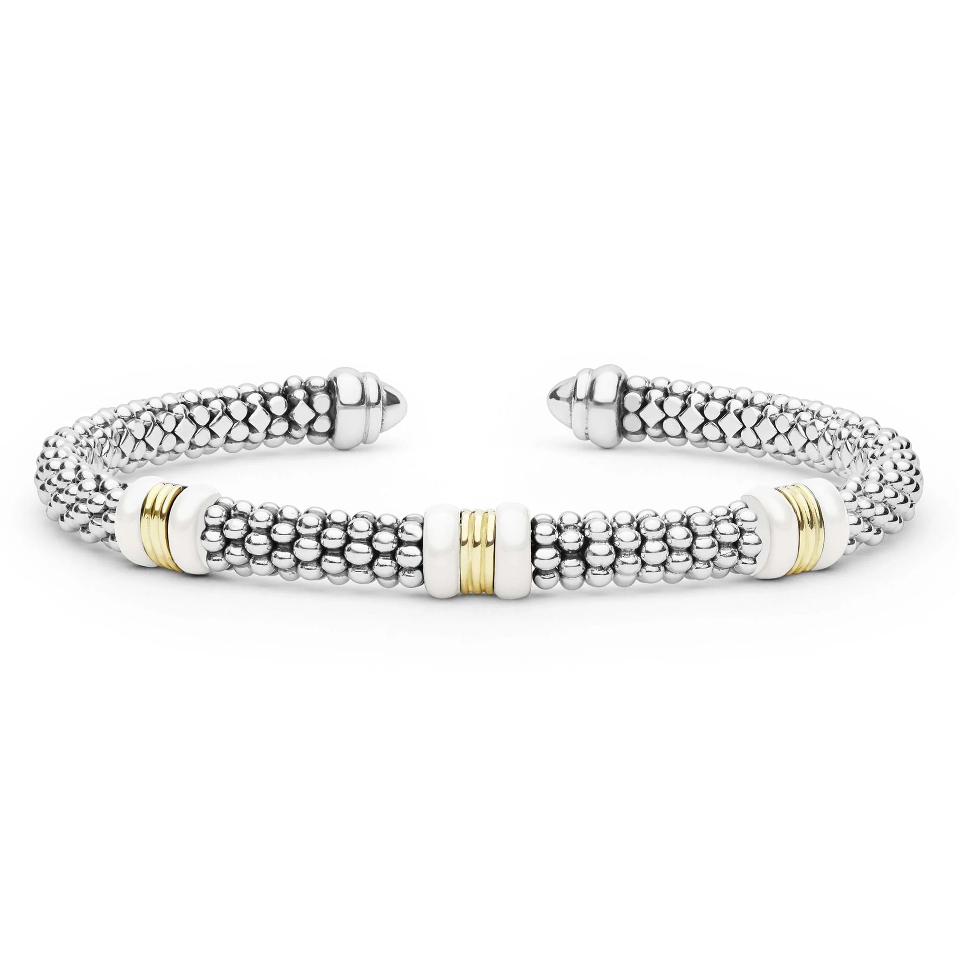 A silver-toned textured cuff bracelet with polished white and yellow gold accents, displayed on a clean white background.