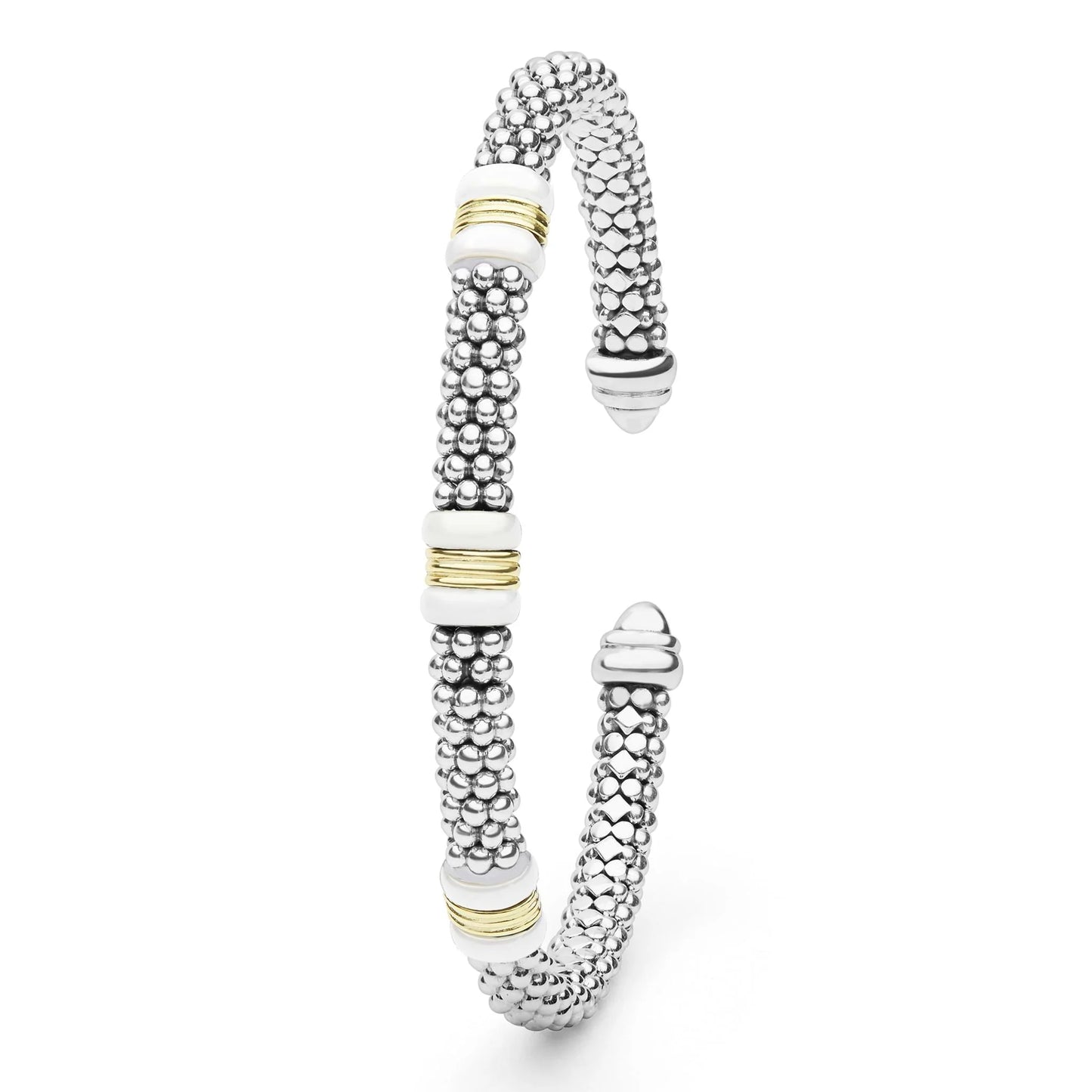 Lagos White Caviar Two-Tone Three Station White Ceramic Versa Tourque Bracelet