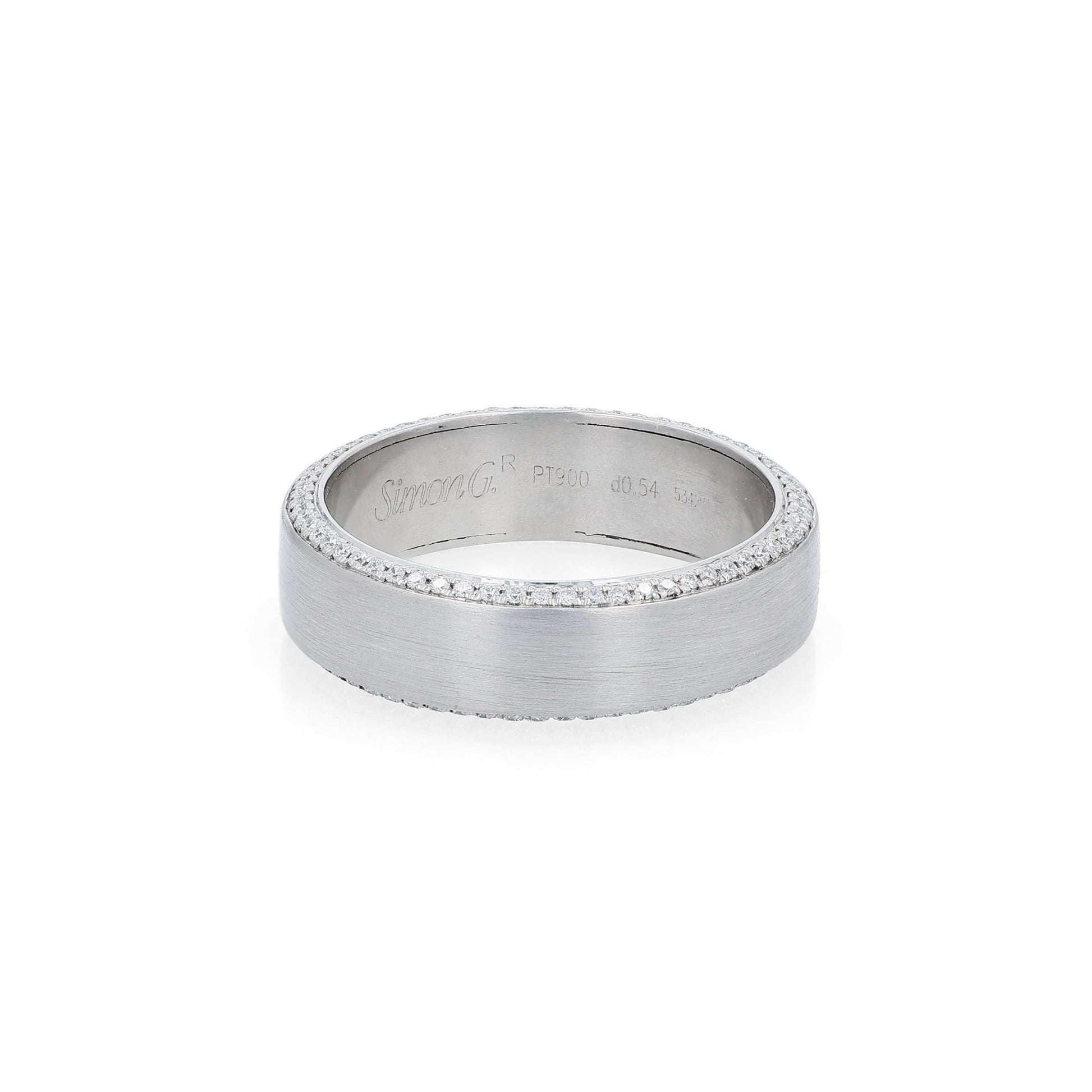 Platinum Simon G. wedding band with pave diamond edges and a brushed center on a white background
