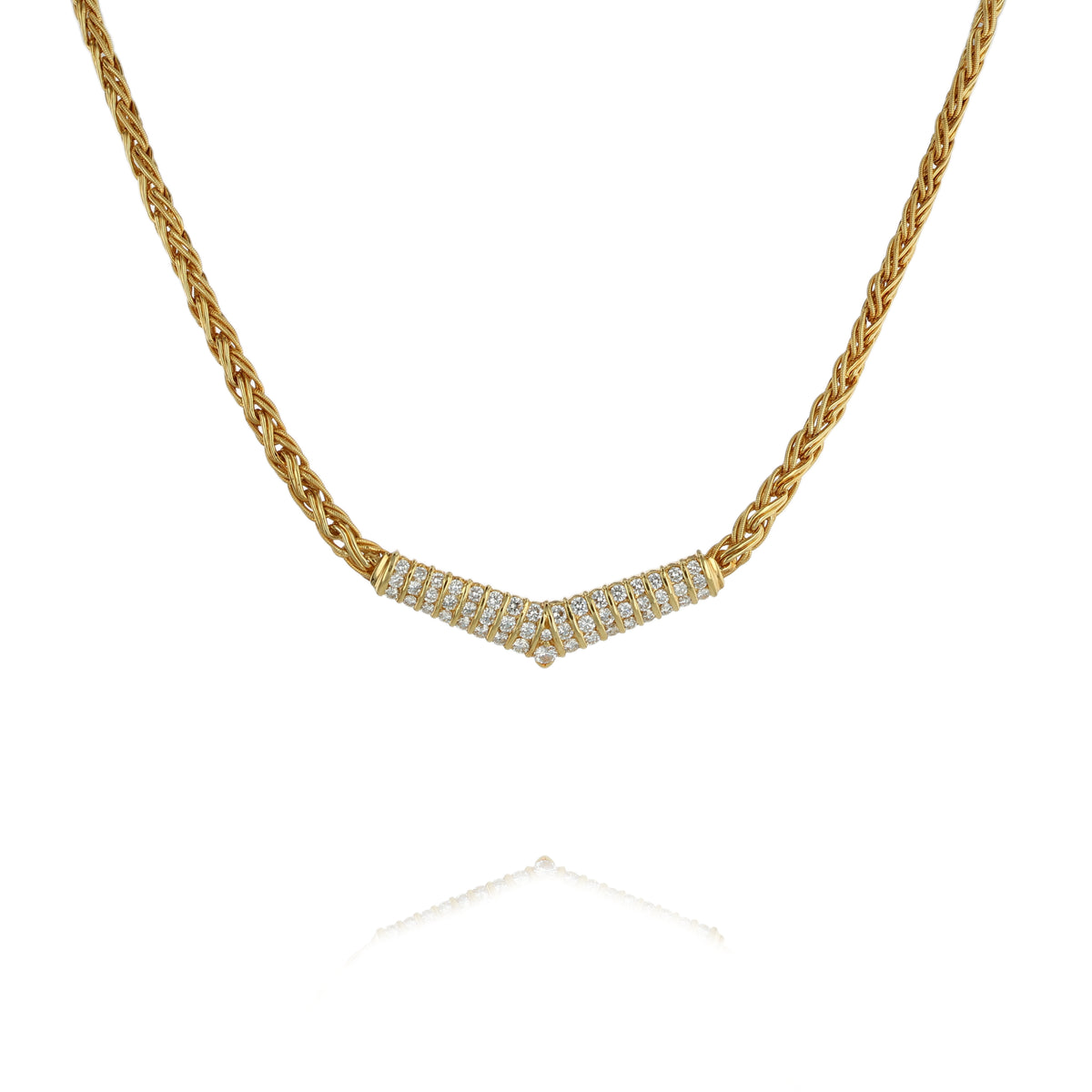 Estate 18k Yellow Gold Diamond "V" Woven High Polish and Coin Edge Design Necklace