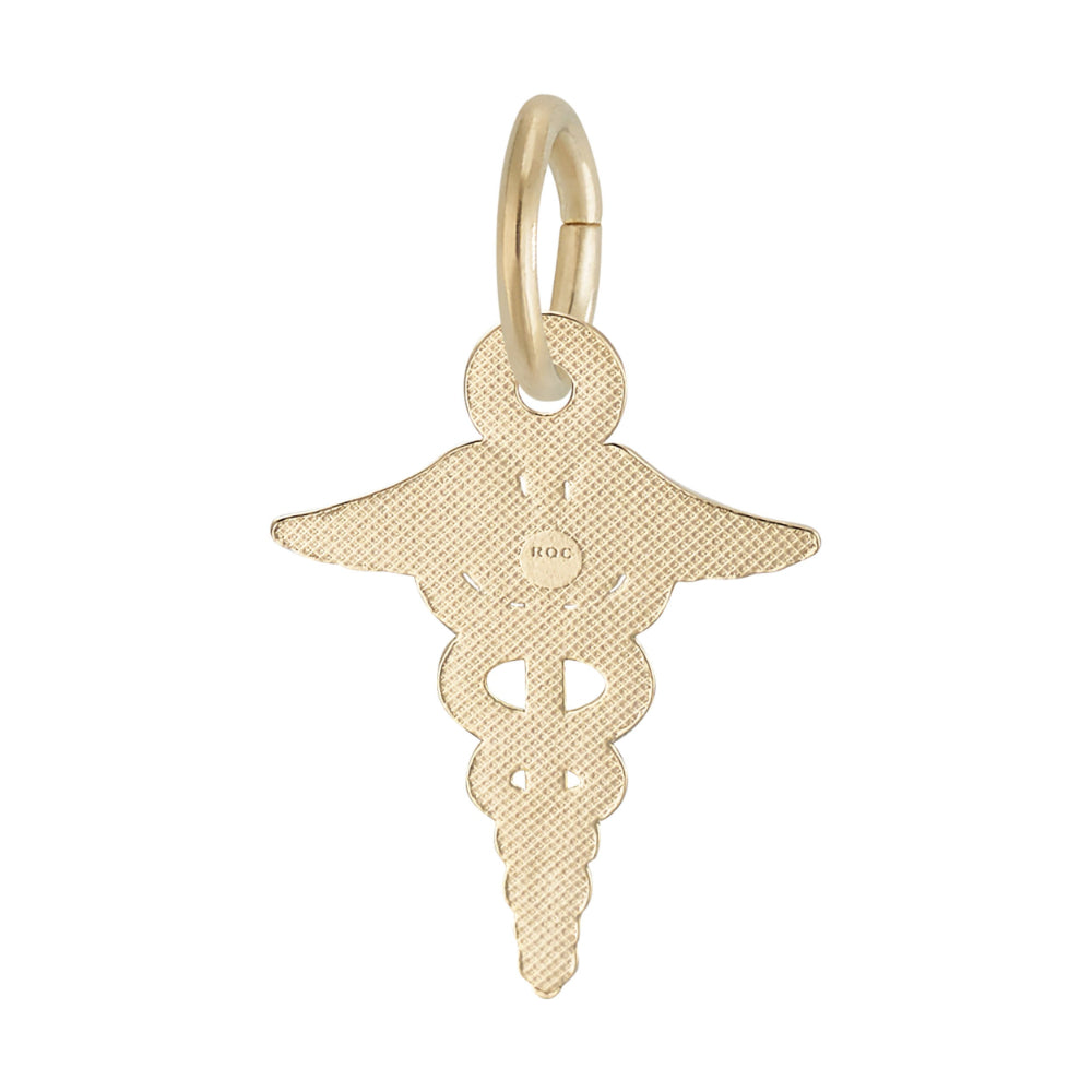Back of Gold caduceus charm on a white background