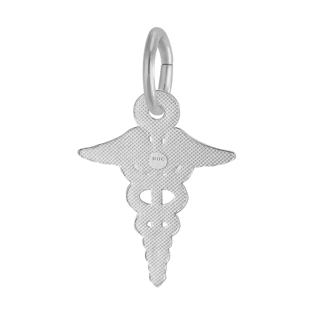 Back of Silver caduceus charm on a white background