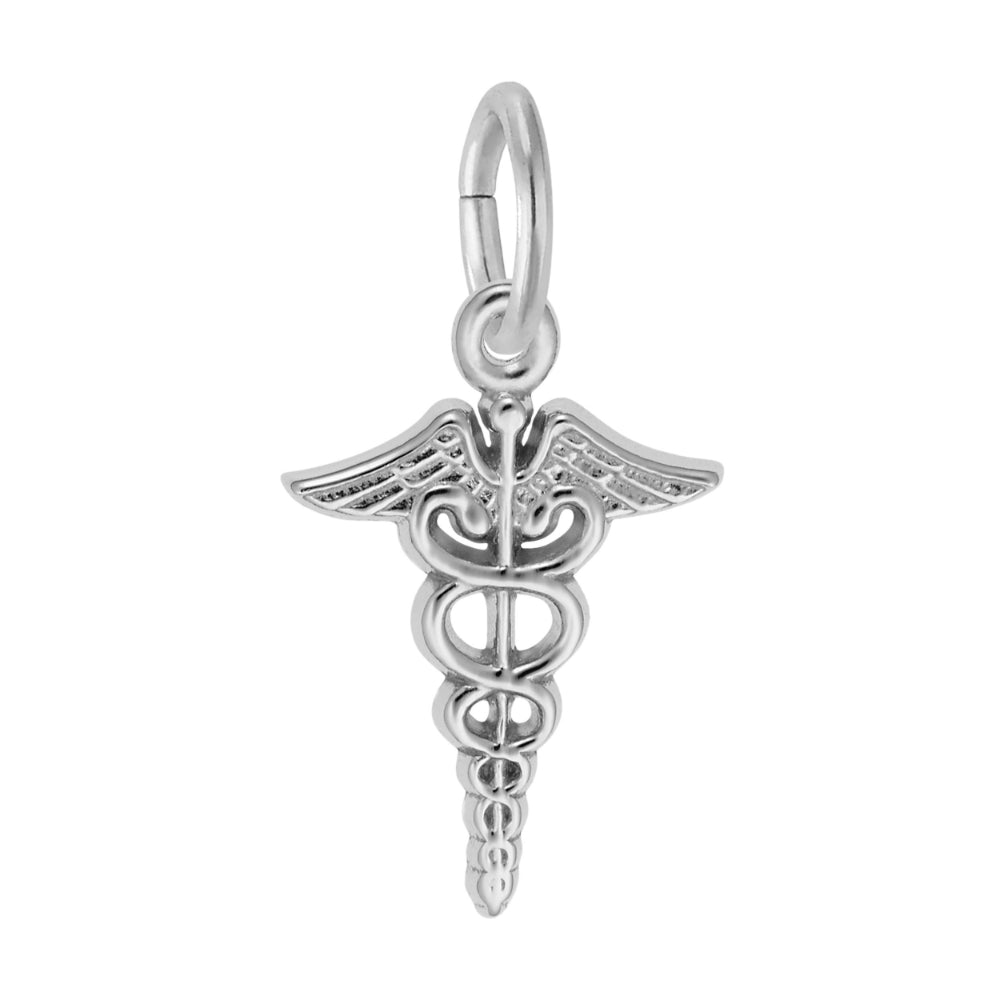 Silver caduceus charm on a white background
