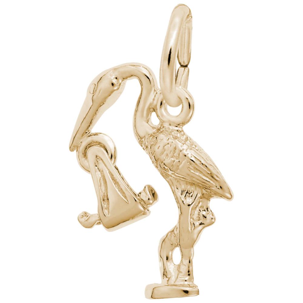 Gold stork with baby dangle charm on a white background
