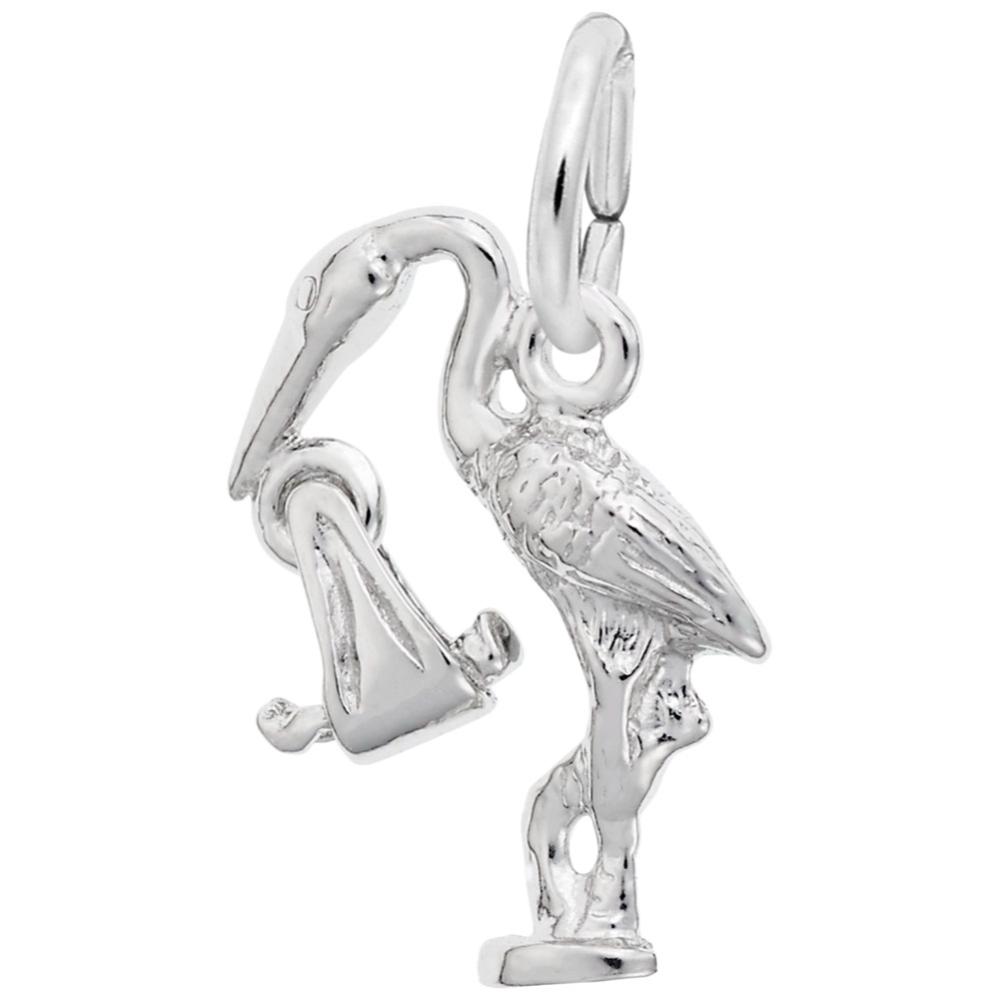 Silver stork with baby dangle charm on a white background