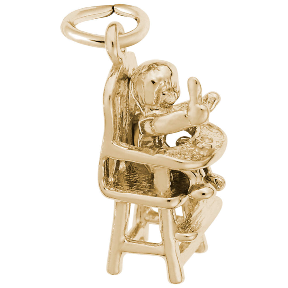 Gold Baby in highchair charm on a white background