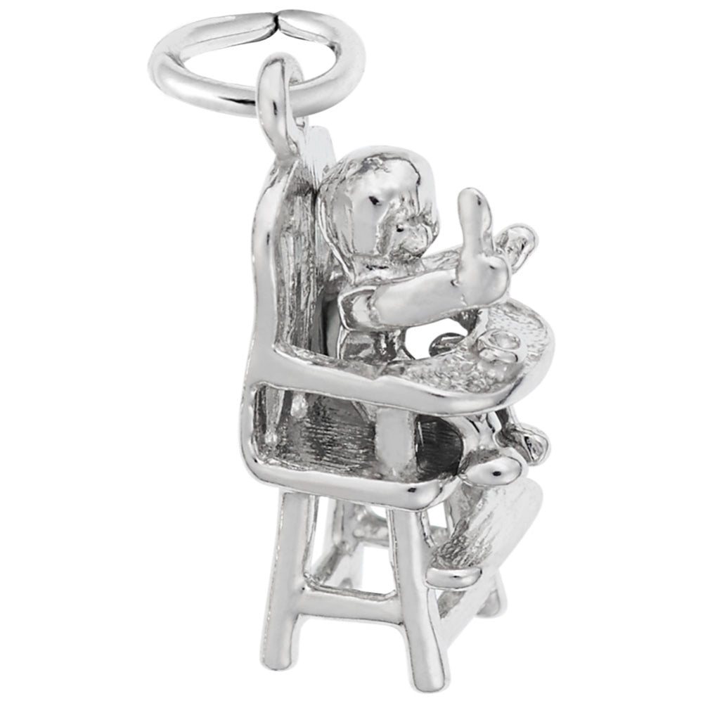 Silver Baby in highchair charm on a white background