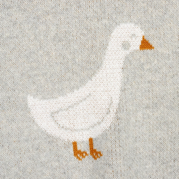 White goose with orange beak and feet on a light gray background