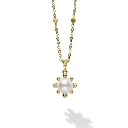 Lagos Luna 18k Gold Fleur Pearl Diamond Pendant Necklace