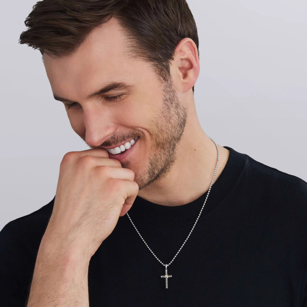 Lagos Anthem Two-Tone Caviar Beaded Diamond Cross Amulet